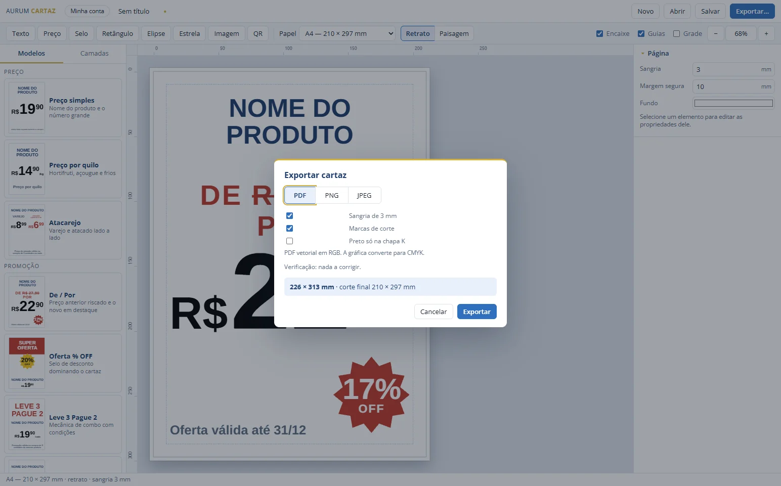 Janela de exportação do Aurum Cartaz mostrando sangria, marcas de corte e medidas finais