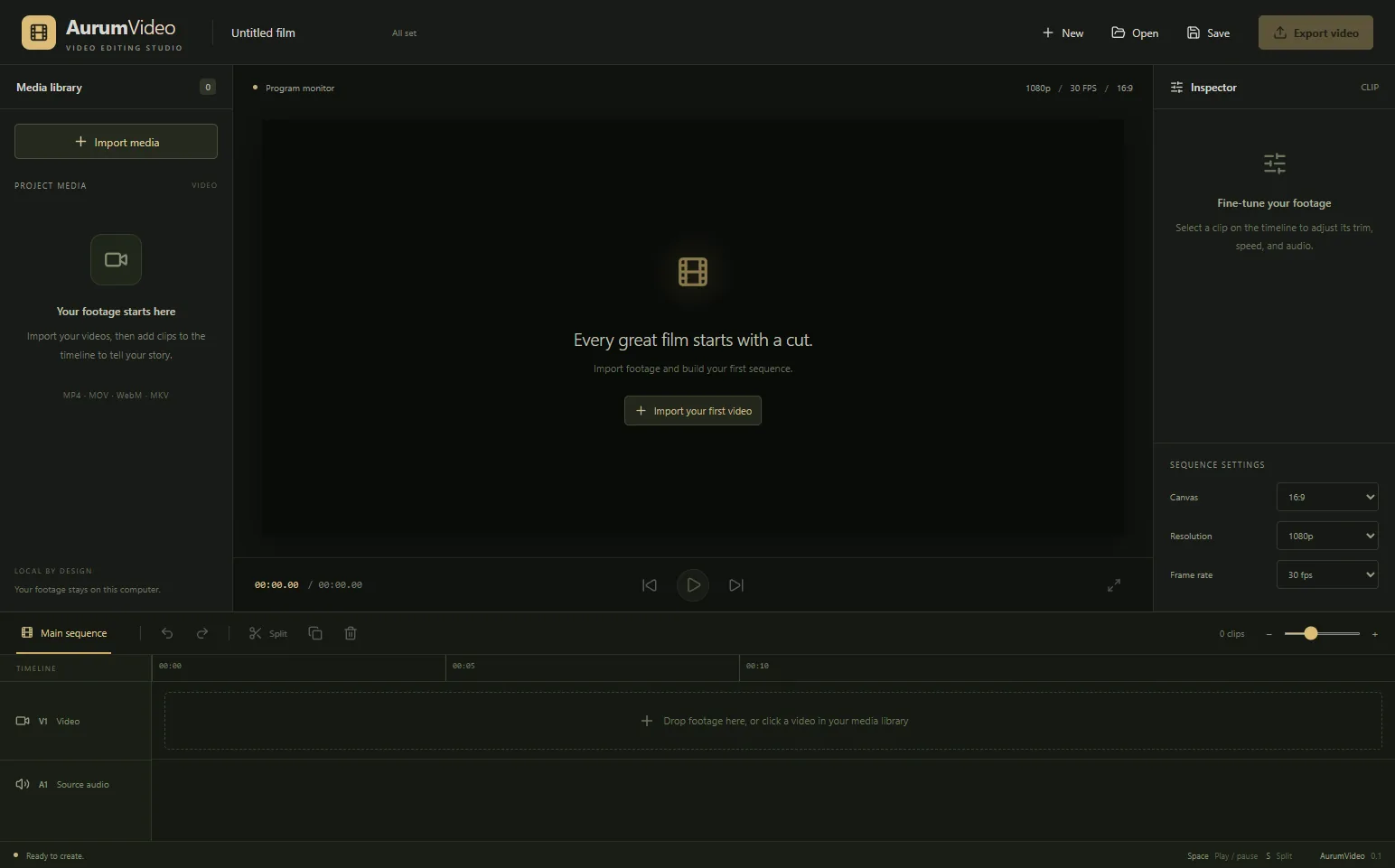 Aurum Video em um projeto novo, pronto para importar mídia